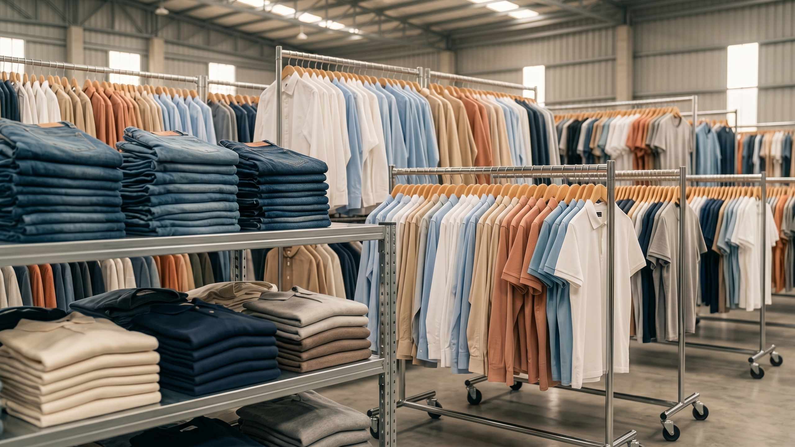 Ropa al mayoreo organizada en racks de bodega